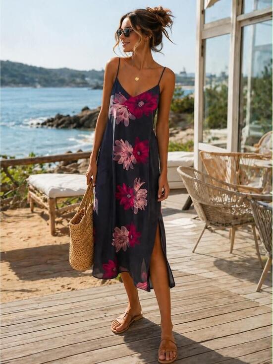 La Vie En Rose Dresses & Skirts - La Vie En Rose Satin Floral Slip Dress Large Side Slit Resortwear Beach Date